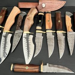 Tr&egrave;s beau lot de 8 couteaux lame acier Damas et D2 manche en Bois et corne de Buffle