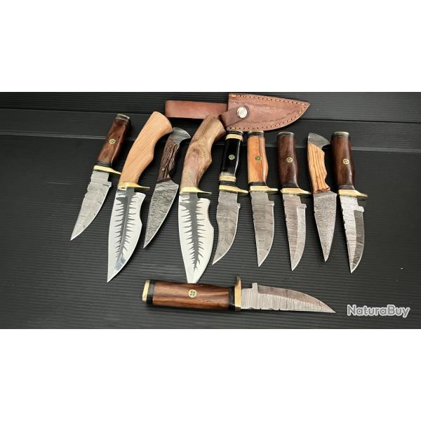 Trs beau lot de 10 couteaux lame acier Damas et D2 manche en Bois et corne de Buffle