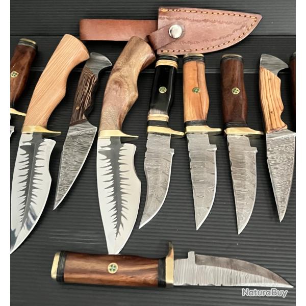 Tr�s beau lot de 8 couteaux lame acier Damas et D2 manche en Bois et corne de Buffle