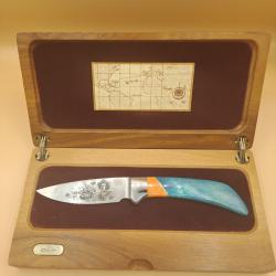 Superbe couteau droit Cellim, 1492-1992 Colomb, ressort aminci, turquoise