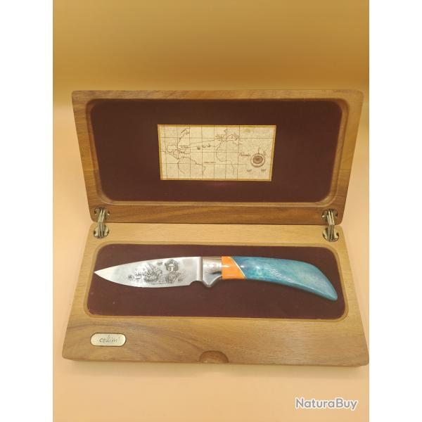 Superbe couteau droit Cellim, 1492-1992 Colomb, ressort aminci, turquoise