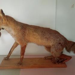 Renard avec oiseau sur socle en bois