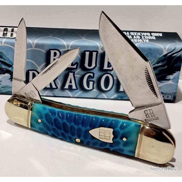 Couteau Rough Rider Whittler 3 LAME Acier 440A MANCHE Os de Dragon Bleu Slip Joint RR2713