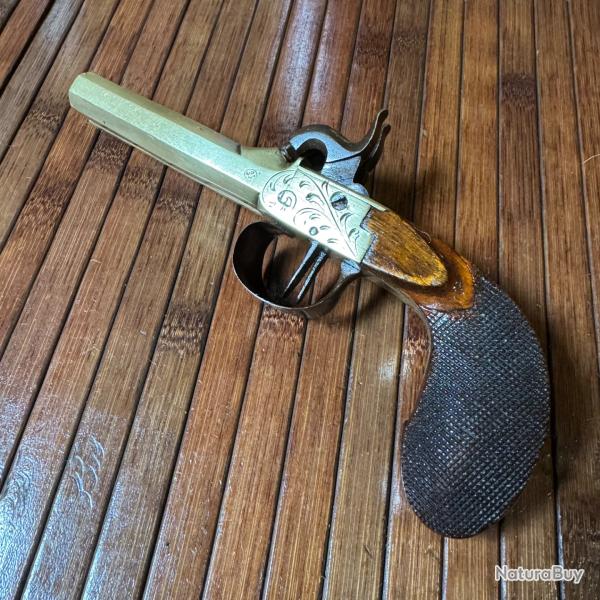 BEAU ET RARE PISTOLET DE MARINE  PERCUSSION 2 COUPS BLOQUE CANON JUXTAPOSS EN BRONZE AVEC GRAVURES