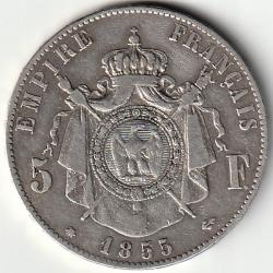 Pi&egrave;ce de Monnaie ARGENT France 5 francs NAPOLEON III t&ecirc;te nue 1855 Strasbourg Recherch&eacute;e
