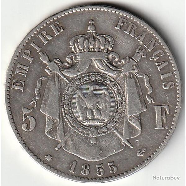 Pi�ce de Monnaie ARGENT France 5 francs NAPOLEON III t�te nue 1855 Strasbourg Recherch�e