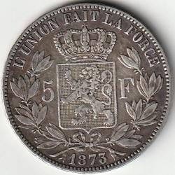 Monnaie Argent Belgique 5 francs - L&eacute;opold II petite t&ecirc;te 1873  Position A; PROTEGE 27 mm Recherch&eacute;e