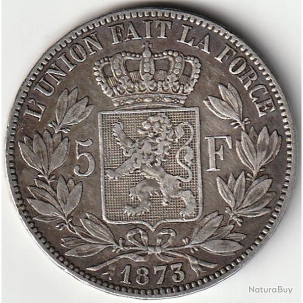 Monnaie Argent Belgique 5 francs - L�opold II petite t�te 1873  Position A; PROTEGE 27 mm Recherch�e