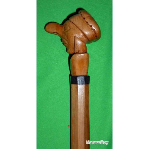 BELLE CANNE POMMEAU SCULPT� CARICATURE DU KRONPRINZ , CANNE DE SOLDAT 14-18 91CM