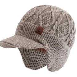 Bonnet d'Hiver Unisexe Chaud Doux avec Oreillettes + Visière Tricot Épais Doublé Beige