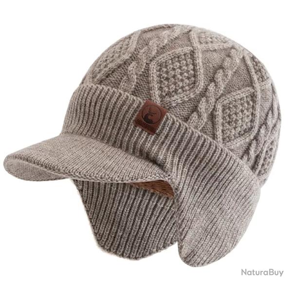 Bonnet d'Hiver Unisexe Chaud Doux avec Oreillettes + Visire Tricot pais Doubl Beige