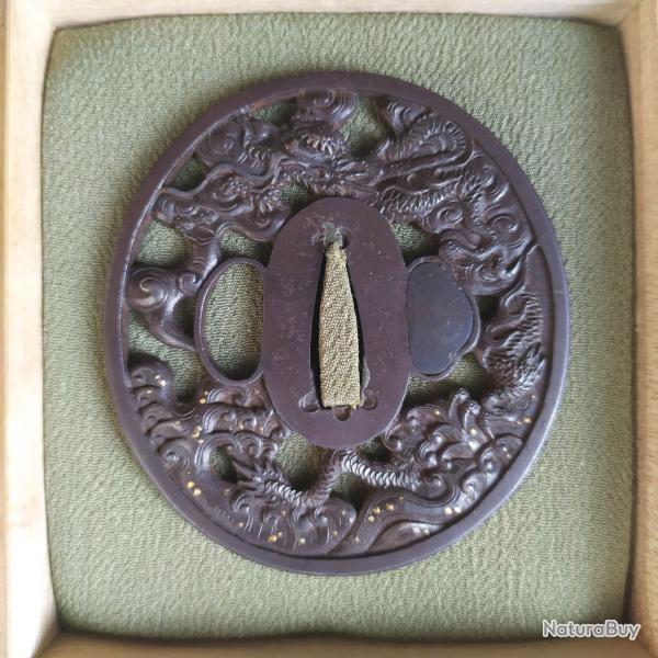 Tsuba Dragon en fer incrust� d'or - Japon p�riode Edo