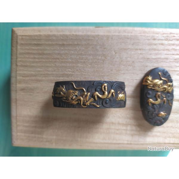 Fuchi et Kashira en fer patin et dor - Dragons dans les nuages - Japon antique