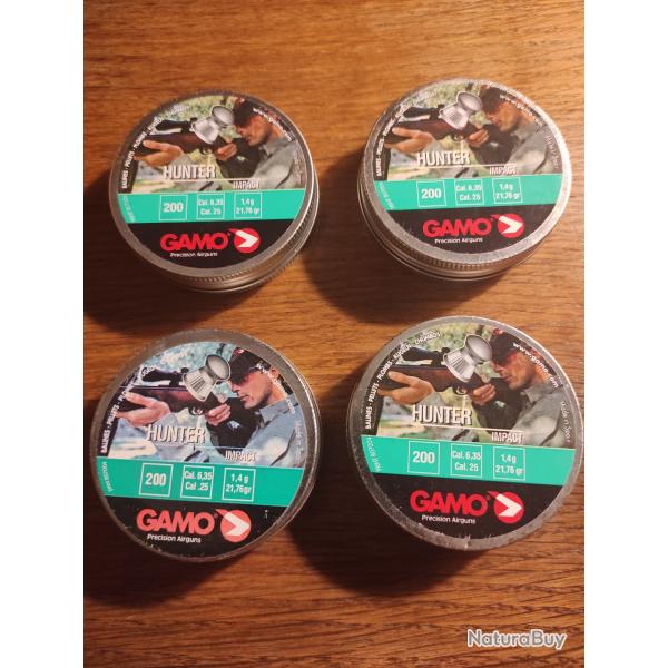 Lot 4 botes 200 plombs gamo HUNTER IMPACT  6.35 mm cal 25