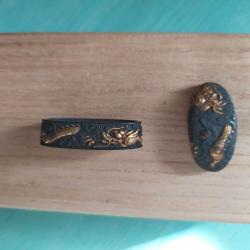 Fuchi et Kashira en shakudo patiné et doré - Dragons dans les nuages - Japon antique
