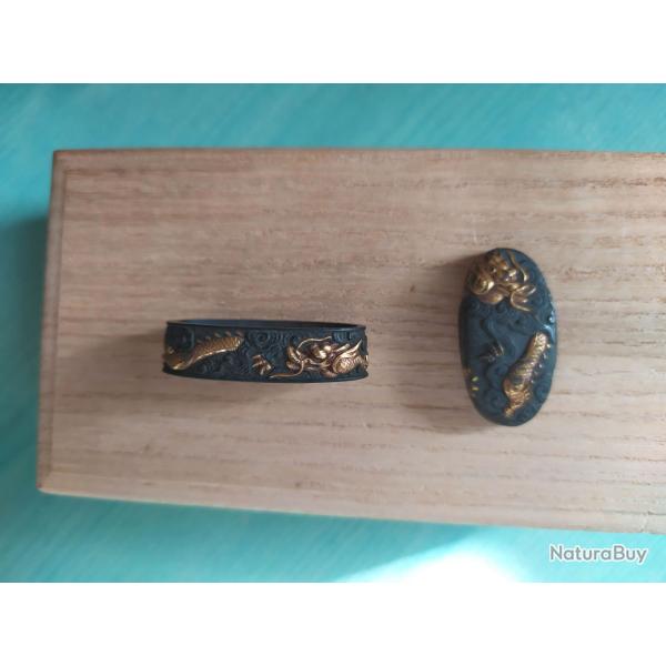 Fuchi et Kashira en shakudo patin et dor - Dragons dans les nuages - Japon antique