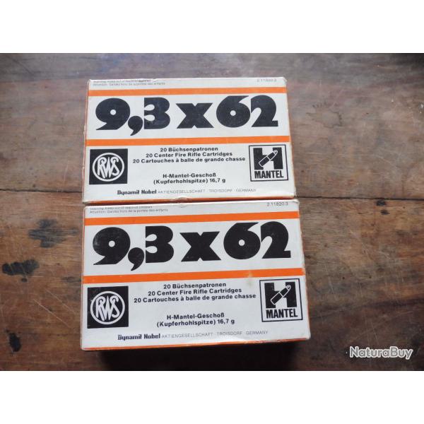 2 boites 37 munitions chasse 9,3 x 62