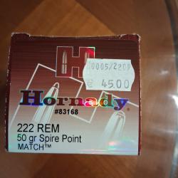 42 balles HORNADY 50 GRAINS Spire Point MATCH tm en 222REM