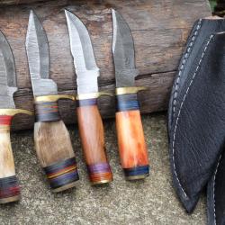 LOT DE 4 Couteau Skinner Damas Lame 256 Couches Manche Bois/Os/Corne/Cerf Fab Artisanale Etui Cuir01