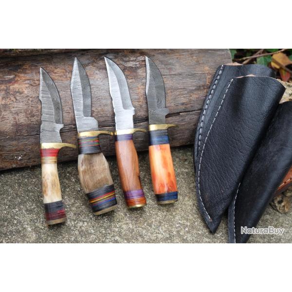 LOT DE 4 Couteau Skinner Damas Lame 256 Couches Manche Bois/Os/Corne/Cerf Fab Artisanale Etui Cuir01