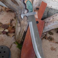 Bowie Bushcraft Couteau de Chasse Survie Lame Carbone 1055 Manche Bois/Acier Etui Cuir F ArtisanaleB