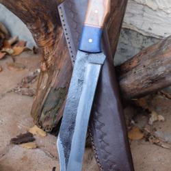 BIG Couteau Buscharft Survie Bowie Lame Acier Carbone 1075 Etui Cuir Manche Bois Fabric Artisanale