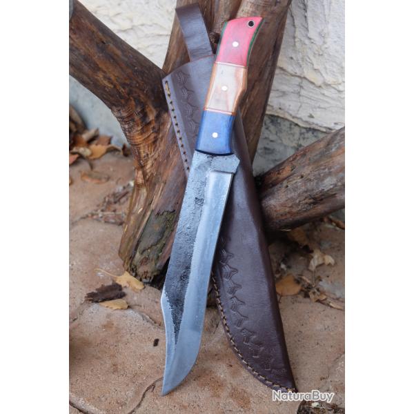 BIG Couteau Buscharft Survie Bowie Lame Acier Carbone 1075 Etui Cuir Manche Bois Fabric Artisanale
