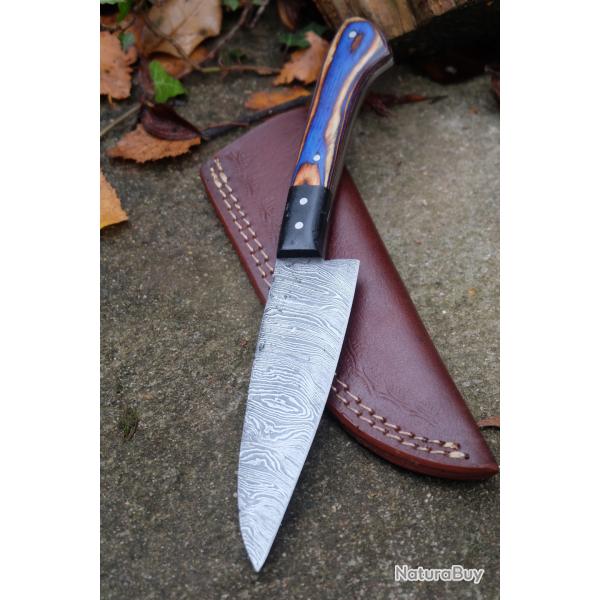 Skinner Couteau de Rando Cuisine Damas Lame 256 Couches Manche Cocobolo Fab Artisanale Etui Cuir