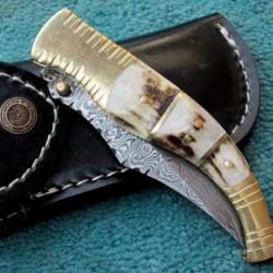 Couteau pliant Damas - Bois de Cerf et laiton (3)