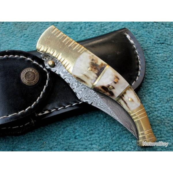 Couteau pliant Damas - Bois de Cerf et laiton (4)