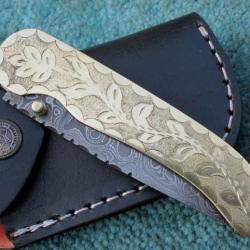 Couteau pliant Damas - Goutte de pluie - Laiton gravé à la main (3)