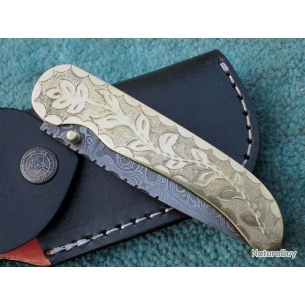 Couteau pliant Damas - Goutte de pluie - Laiton grav  la main (4)