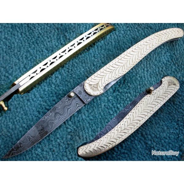 Couteau pliant Damas - Ecailles - Laiton grav  la main