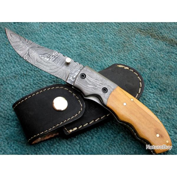 Couteau pliant Damas - Teck - Mitre laiton (2)