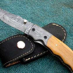 Couteau pliant Damas - Teck - Mitre laiton (4)