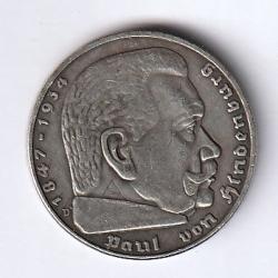 Pièce de Monnaie Argent  ALLEMAGNE 2 Reichsmark Maréchal Paul von Hindenburg 1939 Munich