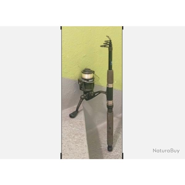 Belle canne compacte noire + moulinet neuf assorti + fil Water Queen