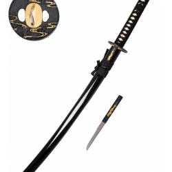 Katana Dragon tranchant noir et dor&eacute; avec petit couteau