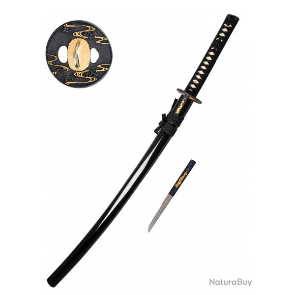 Katana Dragon tranchant noir et dor� avec petit couteau
