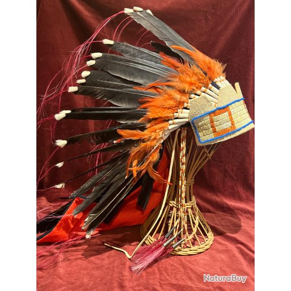 Superbe coiffe indien des plaines peau de cerf broderie au piquant de porc epic corbeau