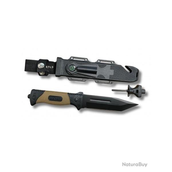 Couteau de chasse-combat  Lame 16 cm - Manche kaki antidrapant pierre  feu