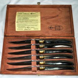 Coffret 6 couteaux Laguiole arbalète G.David-manche corne état neuf ancien-boite d'origine(70/80)