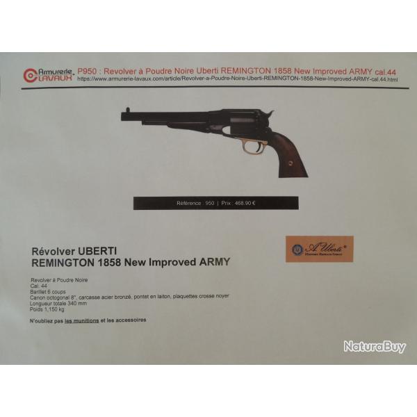 Revolver  poudre noire de marque Uberti , modle Remington 1858 New Import Army , calibre 44 .
