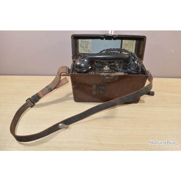 Tlphone de Campagne Militaire baklite Telefonbau Landser 1939/1945 avec bretelle WWII