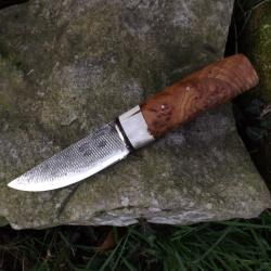 COUTEAU artisanal forg&eacute; manche loupe d'orme /bois de cerf lame r&acirc;pe de mar&eacute;chal ferrant