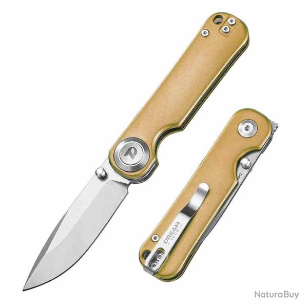 Couteau Dreamtech Gold LAME Acier D2 MANCHE Titane Dor Button Lock DTK4245TGR