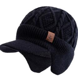 Bonnet d'Hiver Unisexe Chaud Doux avec Oreillettes + Visière Tricot Épais Doublé Noir