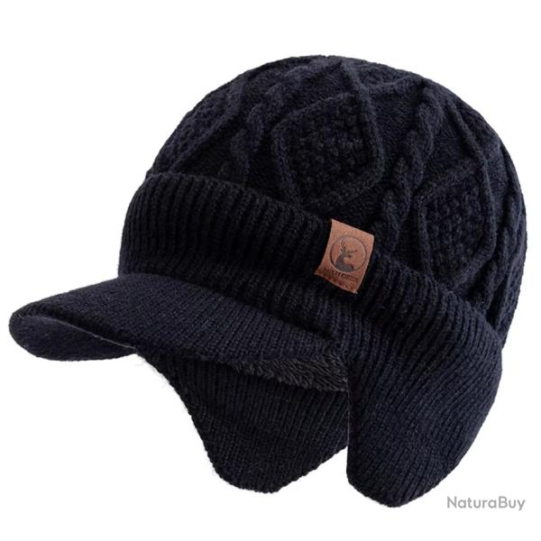 Bonnet d'Hiver Unisexe Chaud Doux avec Oreillettes + Visire Tricot pais Doubl Noir