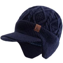 Bonnet d'Hiver Unisexe Chaud Doux avec Oreillettes + Visière Tricot Épais Doublé Bleu