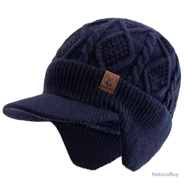 Bonnet d'Hiver Unisexe Chaud Doux avec Oreillettes + Visire Tricot pais Doubl Bleu
